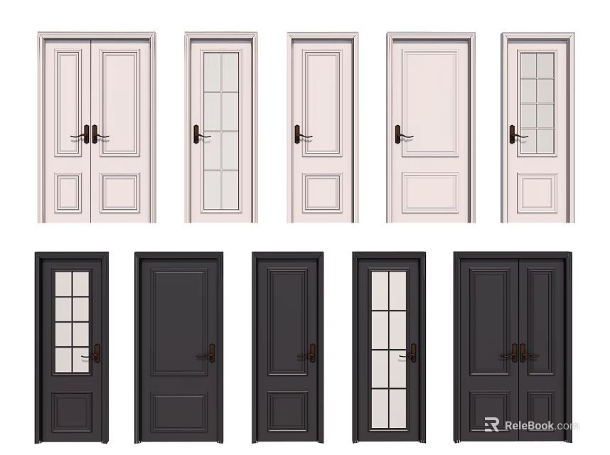 Different Styles of Hinged Doors White and Black with Glass Panels for Home Interior Design 3d model 