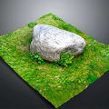 Natural Outdoor Scene With Large Rock On Green Grass And Small Plants