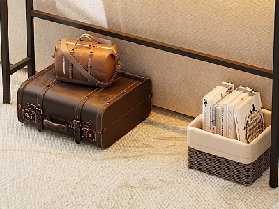 Vintage Brown Suitcase With Leather Bag On Metal Rack Near Wicker Basket Of Books 3d model