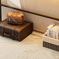 Vintage Brown Suitcase With Leather Bag On Metal Rack Near Wicker Basket Of Books