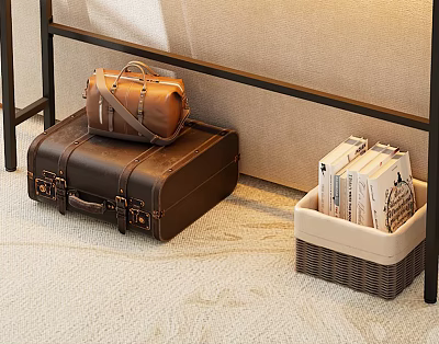 Vintage Brown Suitcase With Leather Bag On Metal Rack Near Wicker Basket Of Books 3d model