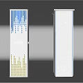 Two Transparent Reflective Pillars With Blue Yellow Graphics LOGO And White Dots On Gray Background