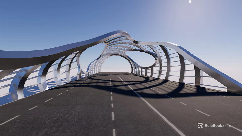 Modern Curved Bridge With Streamlined Arch Structure And Metal Frame Under Clear Blue Sky 3d model