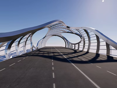 Modern Curved Bridge With Streamlined Arch Structure And Metal Frame Under Clear Blue Sky 3d model