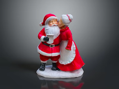 Santa Claus and Mrs Claus Decorative Figurine Kissing With Scroll Traditional Red Outfits Snowy Base 3d model