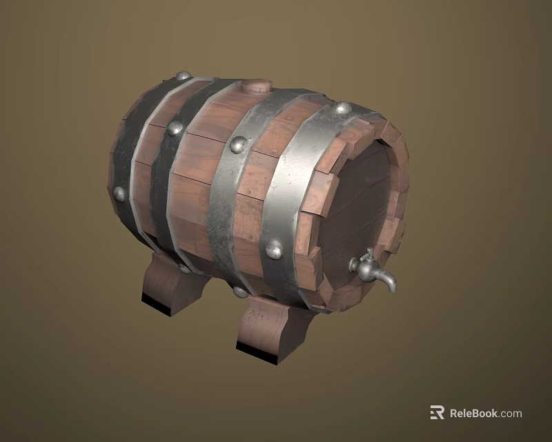 Vintage Wooden Barrel With Metal Hoops Tap And Legs For Household Storage 3d model 