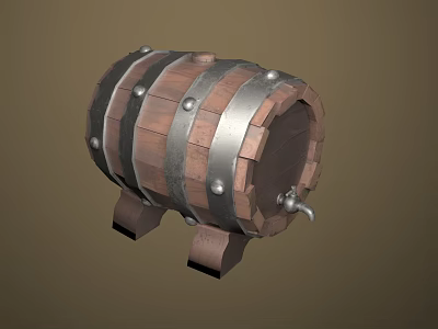 Vintage Wooden Barrel With Metal Hoops Tap And Legs For Household Storage 3d model