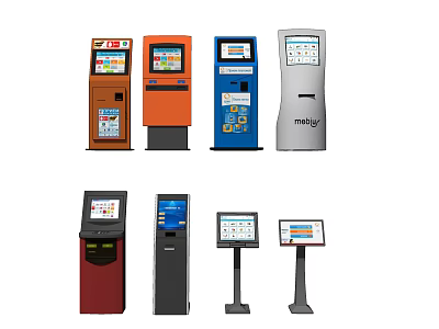 Modern Public Self Service Kiosks With Varied Colors And Digital Display Screens 3d model