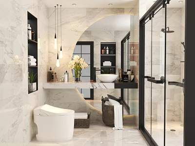 Elegant Bathroom Interior With Marble Vanity Round Mirror Glass Shower And Pendant Lights 3d model
