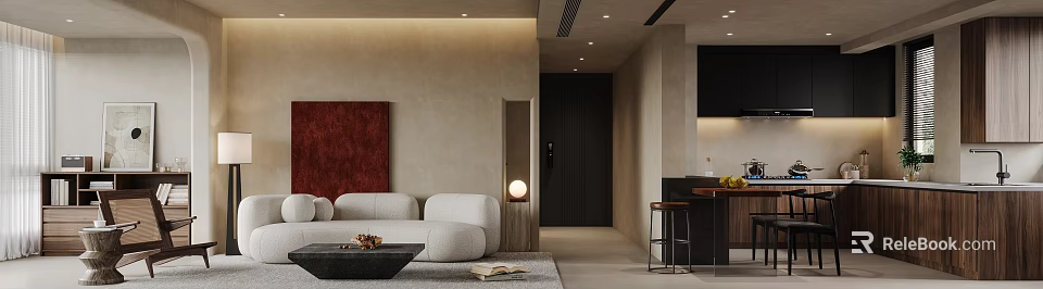 Modern Living Dining Room Interior With Beige Walls White Sofa And Coffee Table 3d model 
