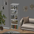 White Multi tiered Bookshelf with Decorative Items Books Globe Basket Sofa Pillow and Wall Art