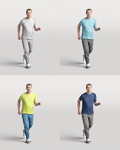 Men In Different Colored T-Shirts Grey Blue Yellow And Navy With Casual Pants 3d model