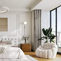 Elegant Bedroom Interior With White Walls Decorative Ceiling Upholstered Headboard Striped Rug And Green Plants