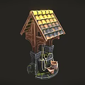 Classic Well Structure With Wooden Roof Yellow Tiles Stone Base Rope And Bucket