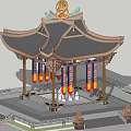 Traditional Chinese Architectural Gate With Ornate Roof Dragon Decorations Colorful Banners And Stone Lions