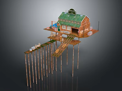 Elevated Wooden House With Green Roof Blue Shed And Wooden Walkway On Stilts 3d model