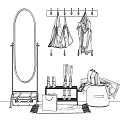 Stylish Wooden Entryway Hook Rack With Hanging Bags Coat Boots And Full Length Mirror