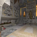 Ancient Temple Interior With Stone Carved Walls Marble Floor Central Statue And Flower Planters