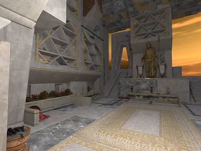 Ancient Temple Interior With Stone Carved Walls Marble Floor Central Statue And Flower Planters 3d model
