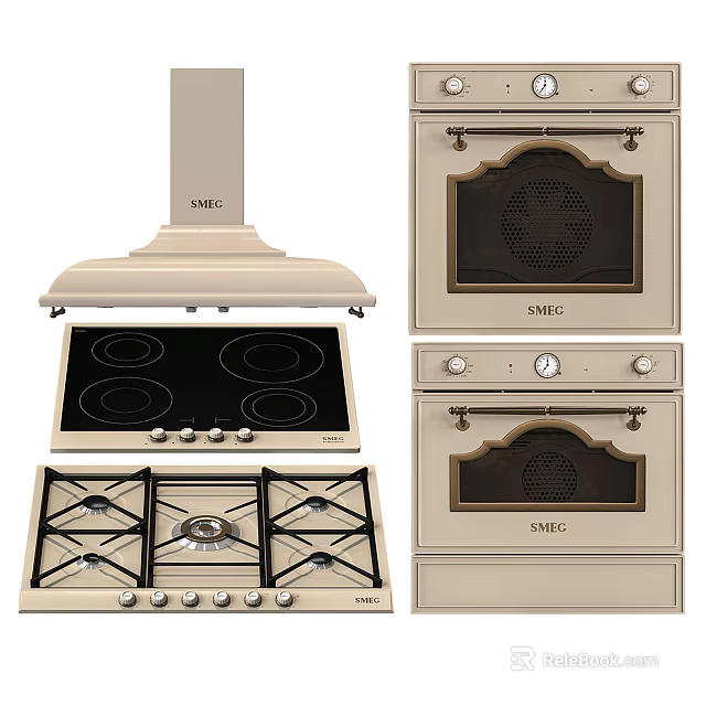 Stylish SMG Kitchen Appliances With Range Hood Electric Cooktop Gas Stove And Ovens 3d model 