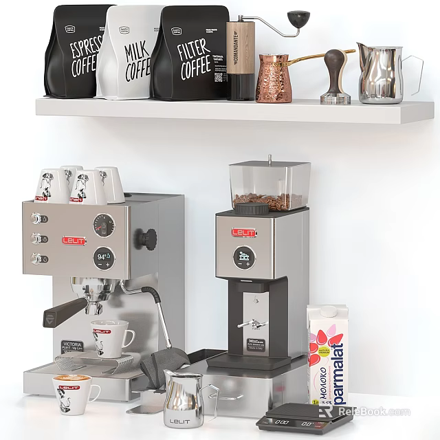 Modern Kitchen Appliances With Coffee Machine Grinder Cups And Canisters On Shelf 3d model