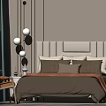 Modern Double Bed with Upholstered Headboard Brown Pillows White Nightstand and Table Lamp