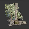 Rustic Outdoor Scene With Wooden Bridge Tree Rocks And Stone Pillar