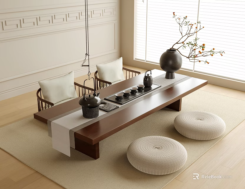 Elegant Wooden Tea Table with Floor Cushions Teaware and Vase Near Paneled Window in Room 3d model 