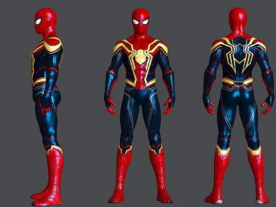 Spider Man Superhero Suit Three Angles Front Side Back View With Red Gold Blue Design 3d model