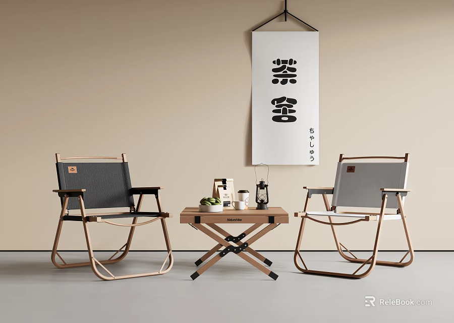 Modern Minimalist Table And Chair Set With Wooden Frame Gray Seats And Tea Set 3d model 