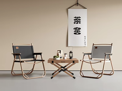 Modern Minimalist Table And Chair Set With Wooden Frame Gray Seats And Tea Set 3d model
