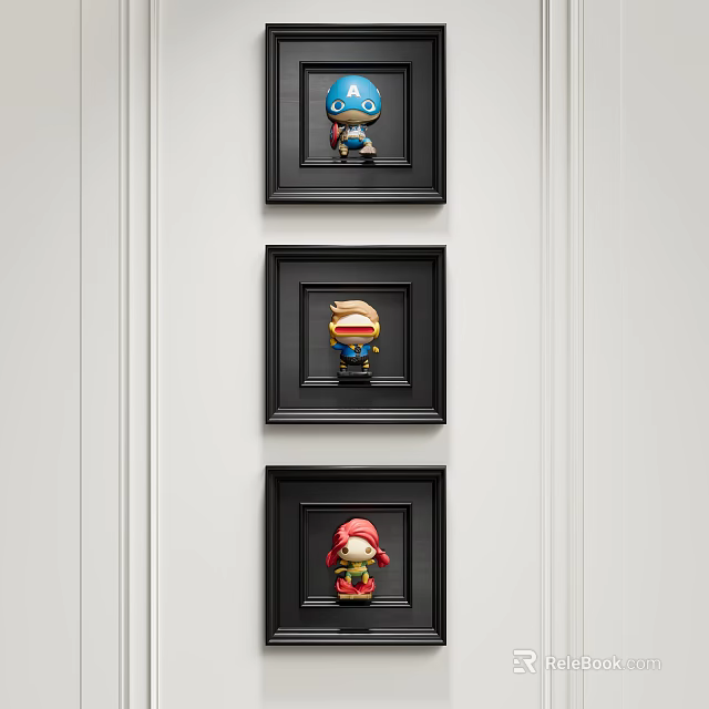 Three Character Portraits In Black Frames Hanging On White Wall 3d model