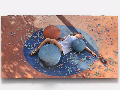 Woman Lying on Red Ground With Colorful Small Stones and Orange and Blue Large Balls 3d model