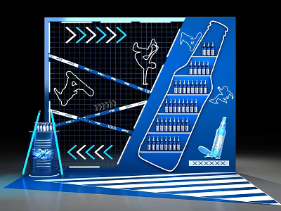 Commercial Display Equipment With Blue Grid Background Arrows Arranged Bottles And Cone-shaped Stand 3d model