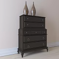 Dark Wood Chest of Drawers with Multiple Drawers and Decorative Vases on Top