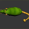 3D Green Rodent Character With Yellow Ears And Tail Standing On Reflective Surface