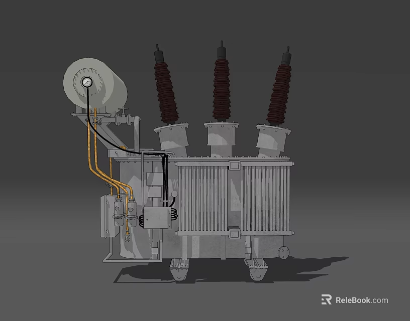 Industrial Power Transformer With Three Insulating Bushings Winding Coils And Control Unit 3d model 