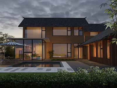 Traditional Chinese Guesthouse Architecture With Wooden Exterior Swimming Pool Greenery And Evening Lighting 3d model