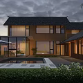 Traditional Chinese Guesthouse Architecture With Wooden Exterior Swimming Pool Greenery And Evening Lighting