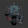 Teal Colored Robot Character With Mechanical Arm Red Cables Wheel Circular Camera And Metallic Texture