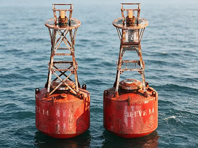 Industrial Marine Buoys With Red Bodies And Metal Frames Floating In Ocean 3d model
