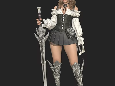 A Woman Holding Ornate Sword Wearing White Off Shoulder Top Black Corset Silver Leg Armor 3d model