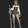 A Woman Holding Ornate Sword Wearing White Off Shoulder Top Black Corset Silver Leg Armor
