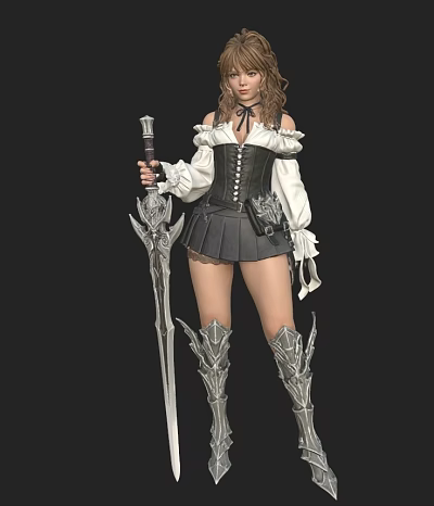 A Woman Holding Ornate Sword Wearing White Off Shoulder Top Black Corset Silver Leg Armor 3d model