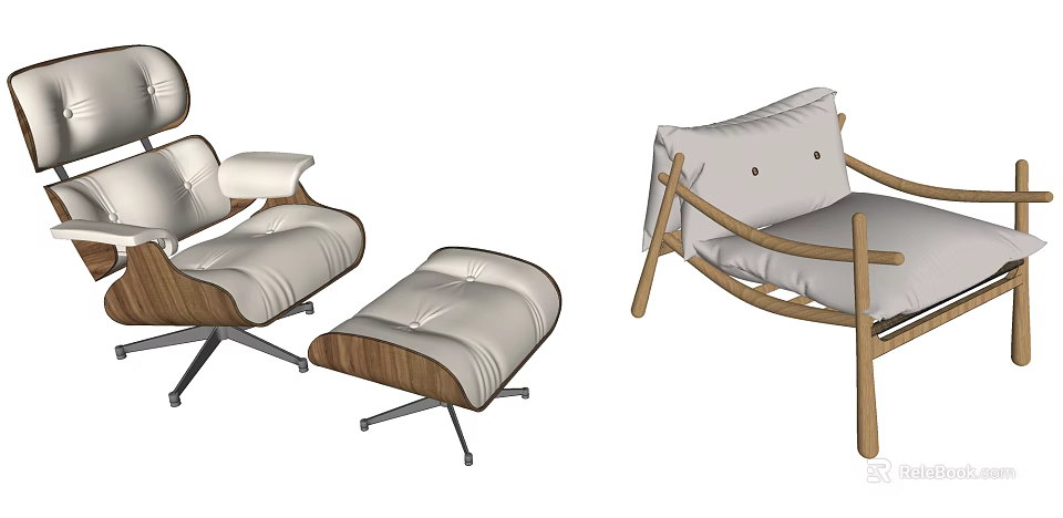 Modern Leisure Chair With Wooden Frame White Cushion And Ottoman 3d model 