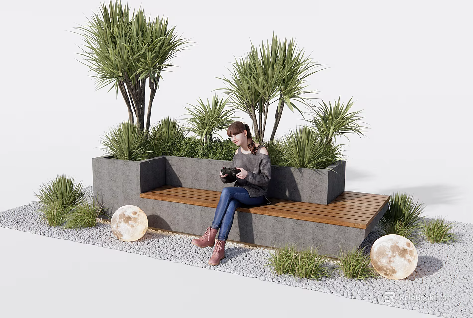Landscape Seating Featuring Wooden Stone Bench Surrounded By Green Plants Moon Lights And Gravel Ground 3d model 