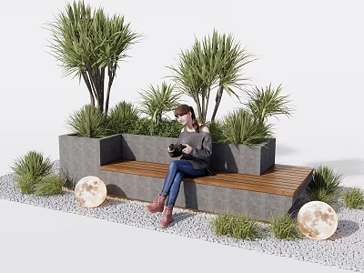 Landscape Seating Featuring Wooden Stone Bench Surrounded By Green Plants Moon Lights And Gravel Ground 3d model