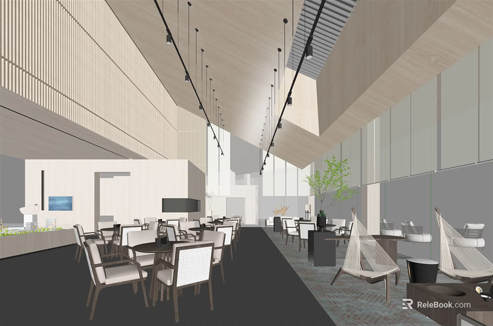Modern Lounge Area Interior With Wooden Ceiling Pendant Lights And Comfortable Seating 3d model 