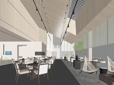 Modern Lounge Area Interior With Wooden Ceiling Pendant Lights And Comfortable Seating 3d model