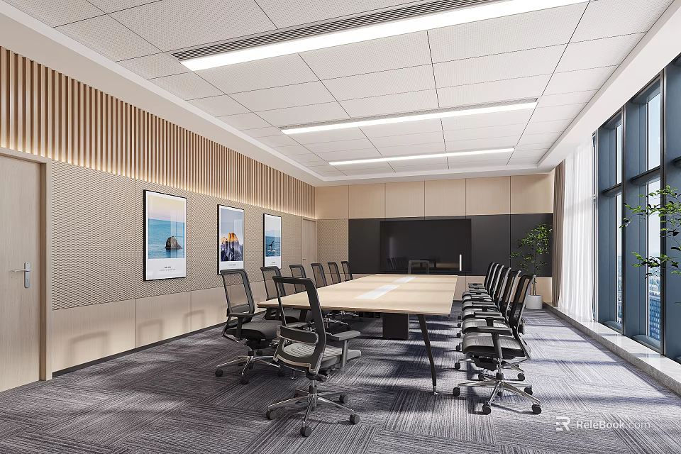 Modern Meeting Room Interior With Long Table Black Office Chairs Large Windows And Ceiling Lights 3d model 